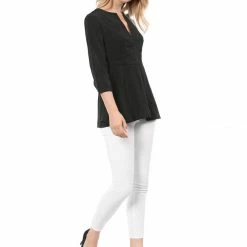 Women Allegra K V Neck 3/4 Sleeves Button Cuffs Peplum Top