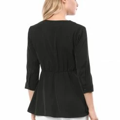 Women Allegra K V Neck 3/4 Sleeves Button Cuffs Peplum Top