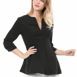 Women Allegra K V Neck 3/4 Sleeves Button Cuffs Peplum Top