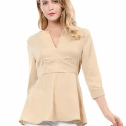 Women Allegra K V Neck 3/4 Sleeves Button Cuffs Peplum Top