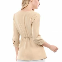 Women Allegra K V Neck 3/4 Sleeves Button Cuffs Peplum Top
