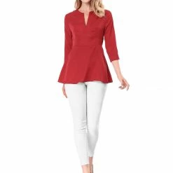 Women Allegra K V Neck 3/4 Sleeves Button Cuffs Peplum Top