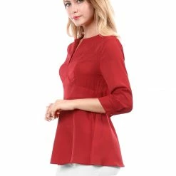 Women Allegra K V Neck 3/4 Sleeves Button Cuffs Peplum Top