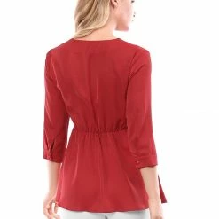 Women Allegra K V Neck 3/4 Sleeves Button Cuffs Peplum Top