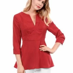 Women Allegra K V Neck 3/4 Sleeves Button Cuffs Peplum Top