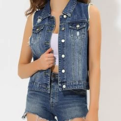 Allegra K Women Turn Down Collar Button Closure Denim Washed Vest