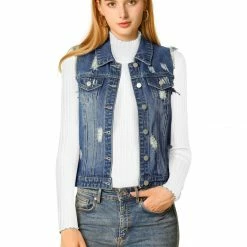 Allegra K Women Turn Down Collar Button Closure Denim Washed Vest