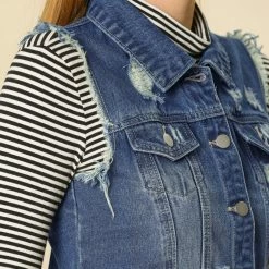 Allegra K Women Turn Down Collar Button Closure Denim Washed Vest