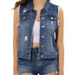 Allegra K Women Turn Down Collar Button Closure Denim Washed Vest