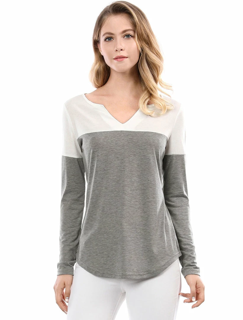 Allegra K Split V-neck Long Sleeves Color Block T-Shirt 48 Allegra K Split V-neck Long Sleeves Color Block T-Shirt