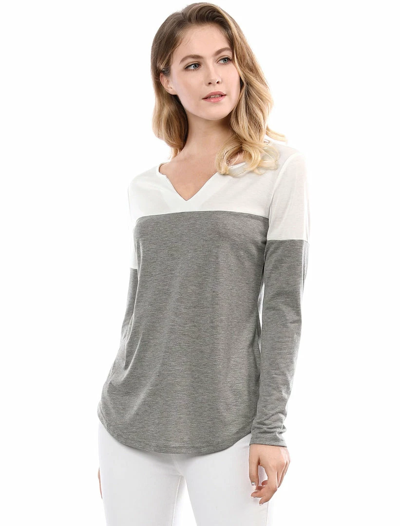 Allegra K Split V-neck Long Sleeves Color Block T-Shirt 47 Allegra K Split V-neck Long Sleeves Color Block T-Shirt