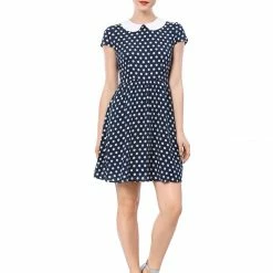 Allegra K Peter Pan Collar Contrast Polka Dot Dress Women