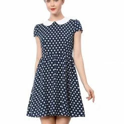 Allegra K Peter Pan Collar Contrast Polka Dot Dress Women