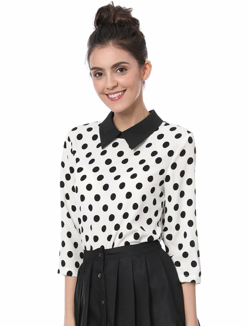 Allegra K Women 3/4 Sleeves Contrast Collar Polka Dots Blouse Tops 51 Allegra K Women 3/4 Sleeves Contrast Collar Polka Dots Blouse Tops