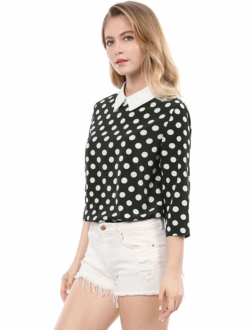 Allegra K Women 3/4 Sleeves Contrast Collar Polka Dots Blouse Tops 46 Allegra K Women 3/4 Sleeves Contrast Collar Polka Dots Blouse Tops