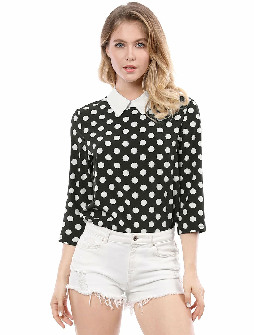 Allegra K Women 3/4 Sleeves Contrast Collar Polka Dots Blouse Tops 45 Allegra K Women 3/4 Sleeves Contrast Collar Polka Dots Blouse Tops