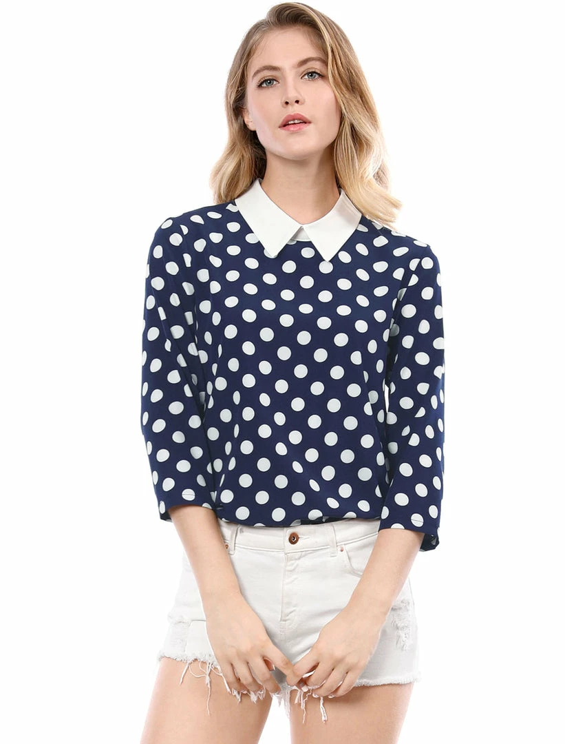Allegra K Women 3/4 Sleeves Contrast Collar Polka Dots Blouse Tops 40 Allegra K Women 3/4 Sleeves Contrast Collar Polka Dots Blouse Tops