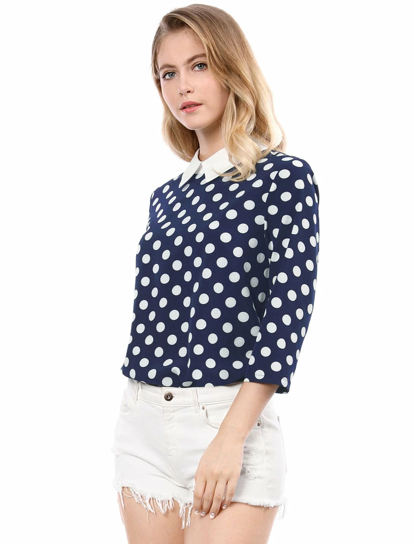 Allegra K Women 3/4 Sleeves Contrast Collar Polka Dots Blouse Tops 42 Allegra K Women 3/4 Sleeves Contrast Collar Polka Dots Blouse Tops