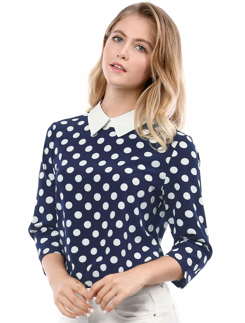 Allegra K Women 3/4 Sleeves Contrast Collar Polka Dots Blouse Tops 39 Allegra K Women 3/4 Sleeves Contrast Collar Polka Dots Blouse Tops