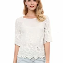 Women Allegra K Elbow Sleeves Round Neck Embroidery Blouse
