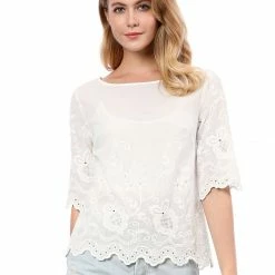 Women Allegra K Elbow Sleeves Round Neck Embroidery Blouse