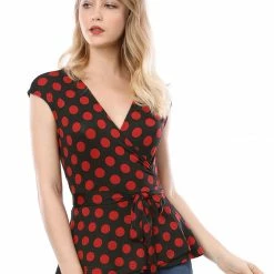 Allegra K V Neck Sleeveless Self Tie Wrap Front Dotted Top