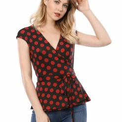 Allegra K V Neck Sleeveless Self Tie Wrap Front Dotted Top