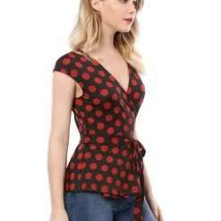 Allegra K V Neck Sleeveless Self Tie Wrap Front Dotted Top