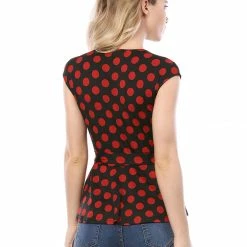 Allegra K V Neck Sleeveless Self Tie Wrap Front Dotted Top