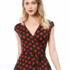 Allegra K V Neck Sleeveless Self Tie Wrap Front Dotted Top