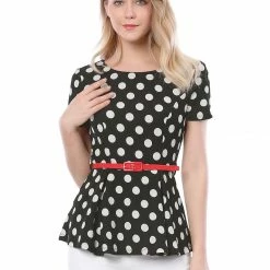 Allegra K Short Sleeves Contrast Belt Polka Dots Peplum Top Women