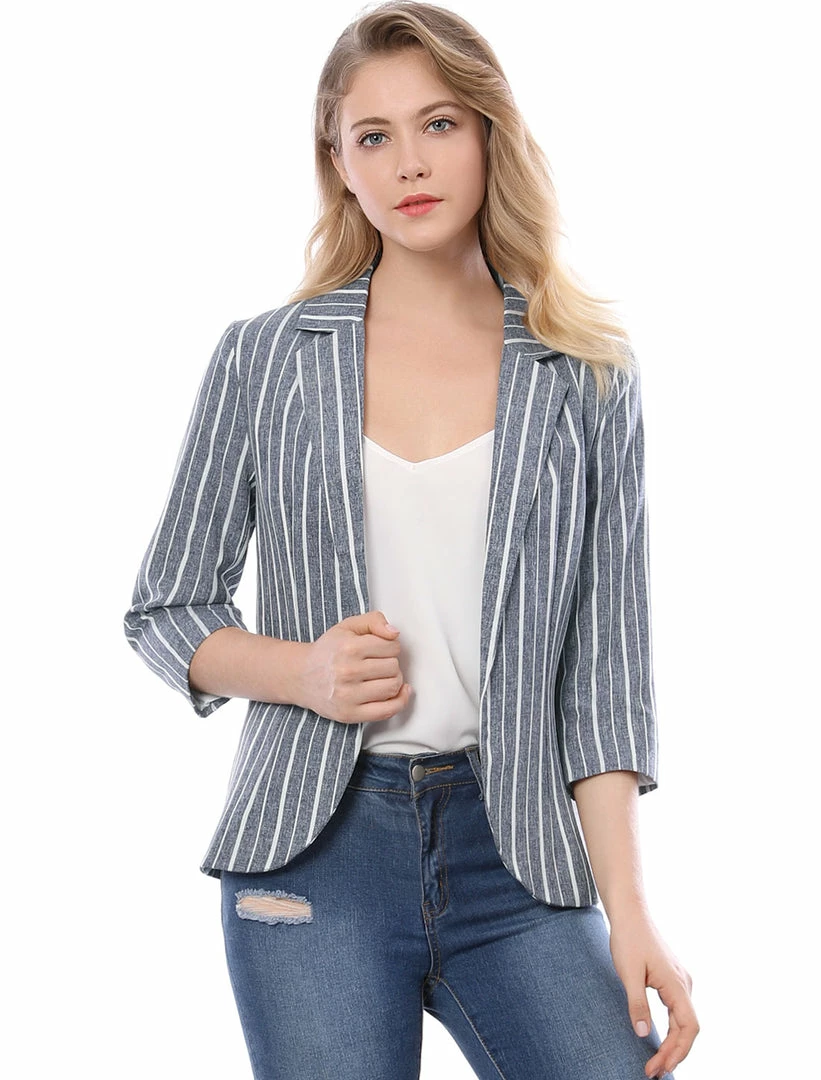 Allegra K Striped 3/4 Sleeves Open Front Notched Lapel Blazer Women 28 Allegra K Striped 3/4 Sleeves Open Front Notched Lapel Blazer Women