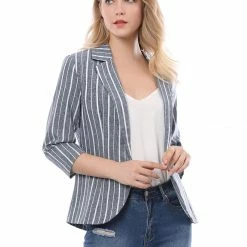 Allegra K Striped 3/4 Sleeves Open Front Notched Lapel Blazer Women 84 Allegra K Striped 3/4 Sleeves Open Front Notched Lapel Blazer Women