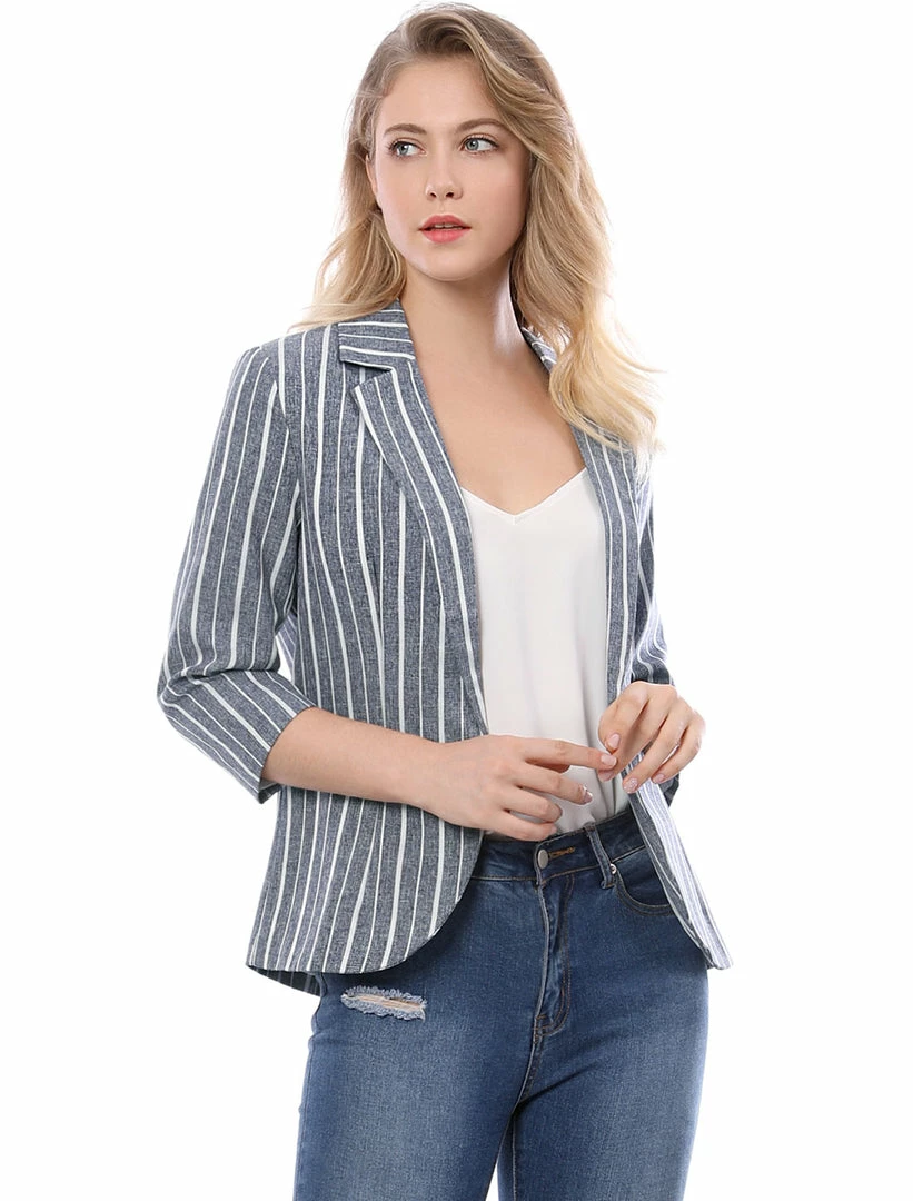 Allegra K Striped 3/4 Sleeves Open Front Notched Lapel Blazer Women 29 Allegra K Striped 3/4 Sleeves Open Front Notched Lapel Blazer Women