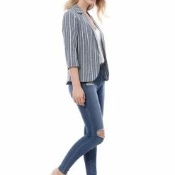 Allegra K Striped 3/4 Sleeves Open Front Notched Lapel Blazer Women 85 Allegra K Striped 3/4 Sleeves Open Front Notched Lapel Blazer Women