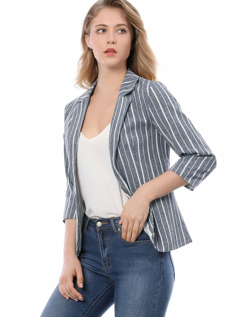 Allegra K Striped 3/4 Sleeves Open Front Notched Lapel Blazer Women 27 Allegra K Striped 3/4 Sleeves Open Front Notched Lapel Blazer Women