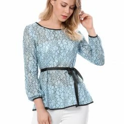 Allegra K Self-Tie Waist Bi-Color Contrast Lace Peplum Top 131 Allegra K Self-Tie Waist Bi-Color Contrast Lace Peplum Top