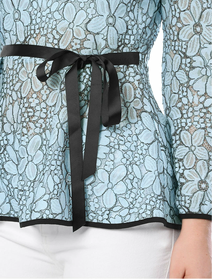 Allegra K Self-Tie Waist Bi-Color Contrast Lace Peplum Top 62 Allegra K Self-Tie Waist Bi-Color Contrast Lace Peplum Top