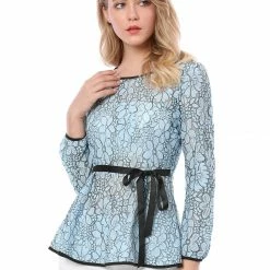 Allegra K Self-Tie Waist Bi-Color Contrast Lace Peplum Top 129 Allegra K Self-Tie Waist Bi-Color Contrast Lace Peplum Top