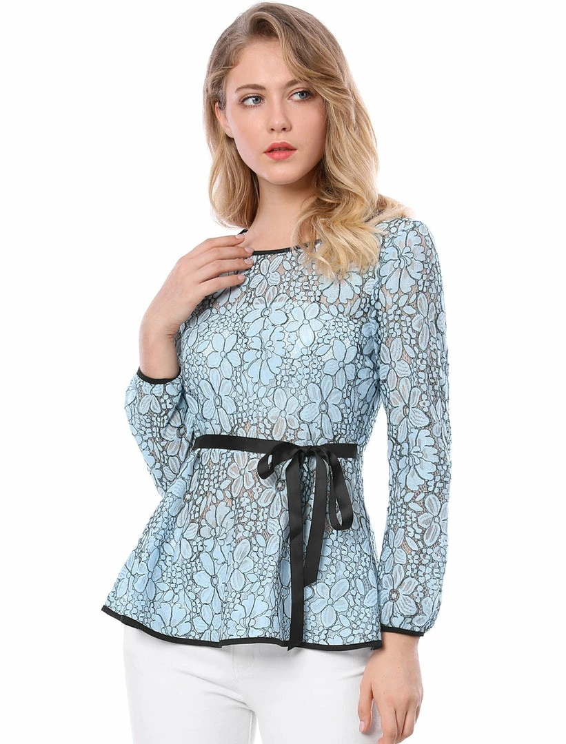 Allegra K Self-Tie Waist Bi-Color Contrast Lace Peplum Top 57 Allegra K Self-Tie Waist Bi-Color Contrast Lace Peplum Top