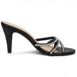 Allegra K Shoes Women's Rhinestone Strappy Heel Mules