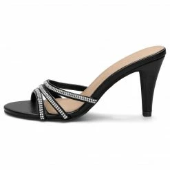 Allegra K Shoes Women's Rhinestone Strappy Heel Mules