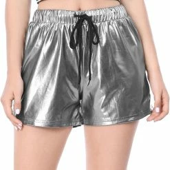 Allegra K Women Drawstring Elastic Waist Metallic Short Shorts