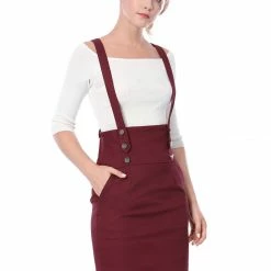 Allegra K Women Button Front High Waist Straight Braces Suspender Skirt