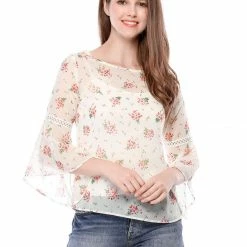 Allegra K 3/4 Bell Sleeve Floral Print Chiffon Blouse With Spaghetti Strap Cami