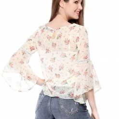 Allegra K 3/4 Bell Sleeve Floral Print Chiffon Blouse With Spaghetti Strap Cami