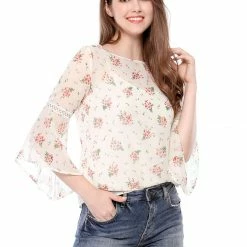 Allegra K 3/4 Bell Sleeve Floral Print Chiffon Blouse With Spaghetti Strap Cami