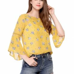 Allegra K 3/4 Bell Sleeve Floral Print Chiffon Blouse With Spaghetti Strap Cami