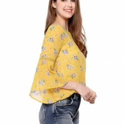 Allegra K 3/4 Bell Sleeve Floral Print Chiffon Blouse With Spaghetti Strap Cami