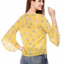 Allegra K 3/4 Bell Sleeve Floral Print Chiffon Blouse With Spaghetti Strap Cami